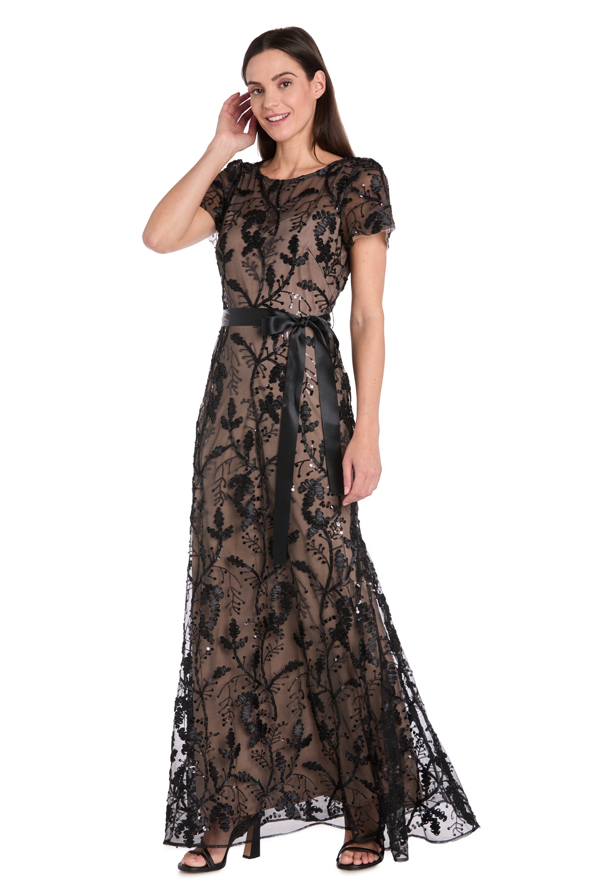 Long Black & Nude Sheer Floral Embroidered Dress with Satin Sash - Petite