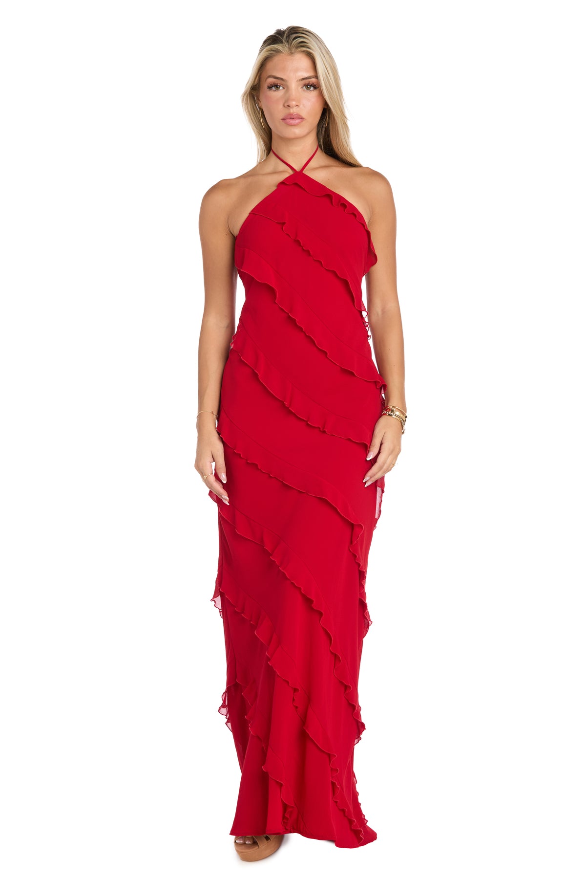 Remi Ruffle Halter Dress - Size: Large / Color: Red