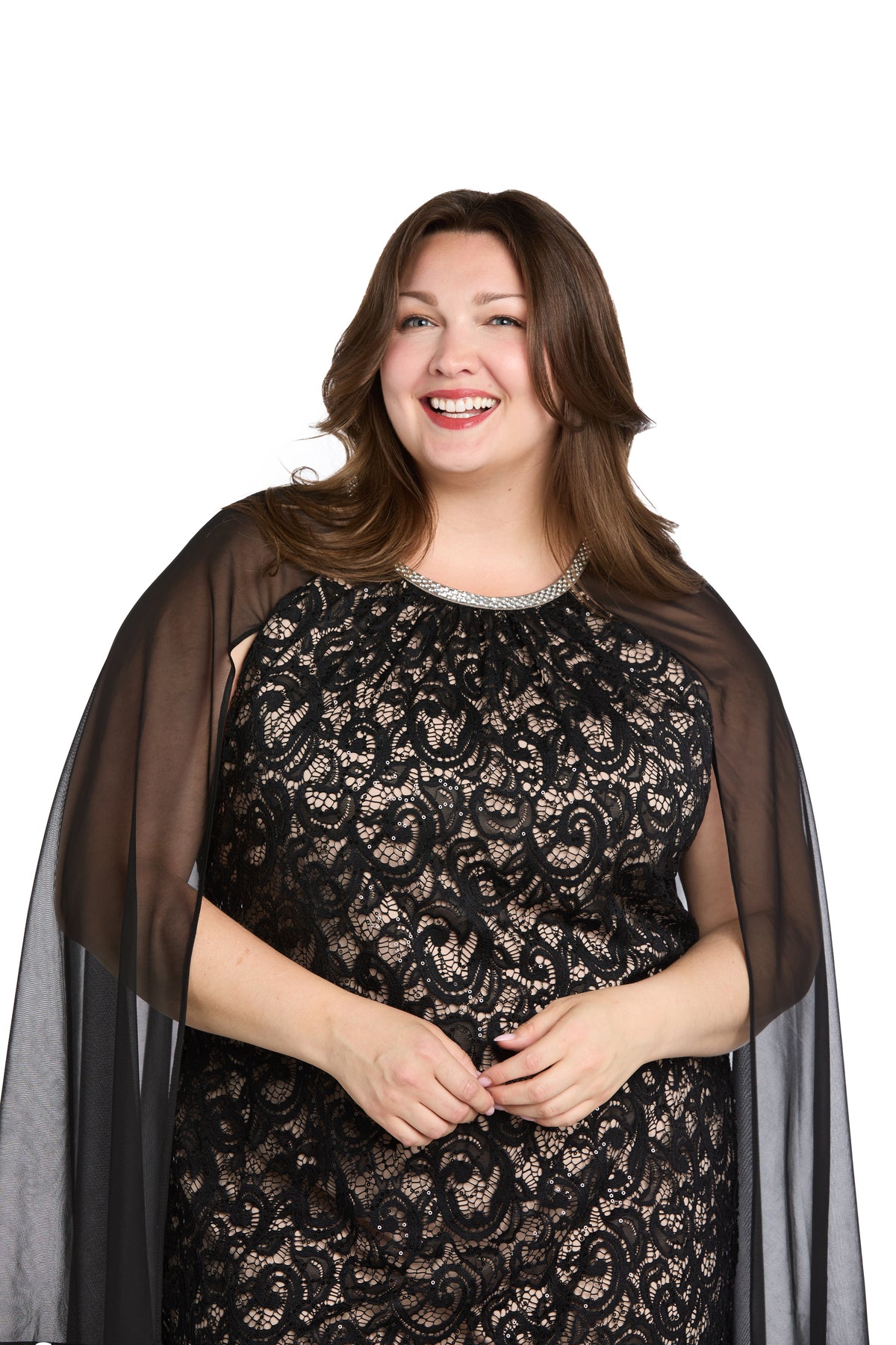 black plus size cape dress Gothic Black Sequin Evening Dress with Long Cape Sleeves main image 0